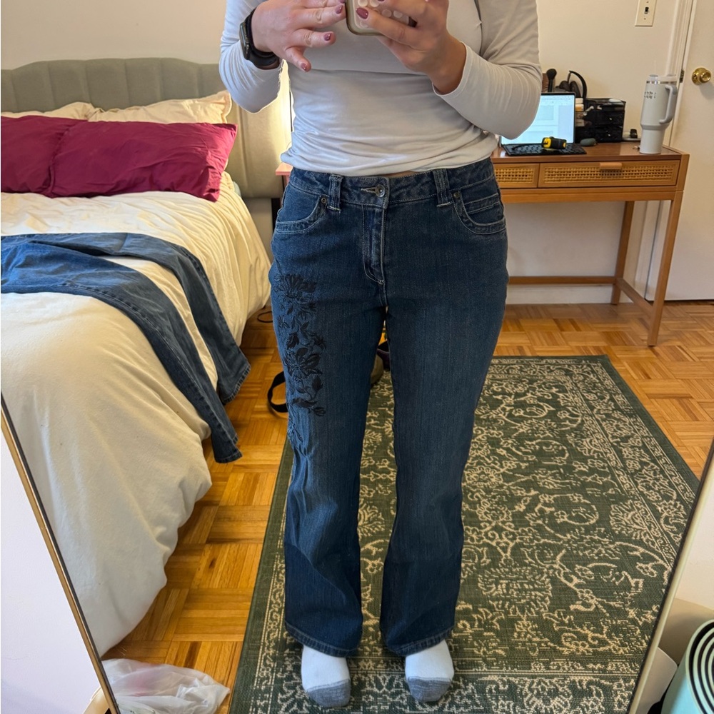 Vintage Women's Blue Jeans with Black Floral Embroidery